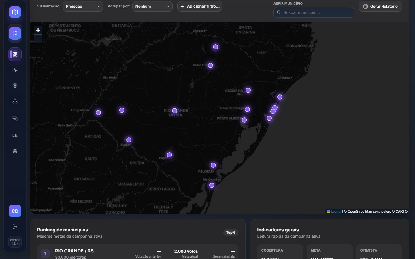 Mapa eleitoral real do Atlas com municípios e metas demonstrativas no Rio Grande do Sul
