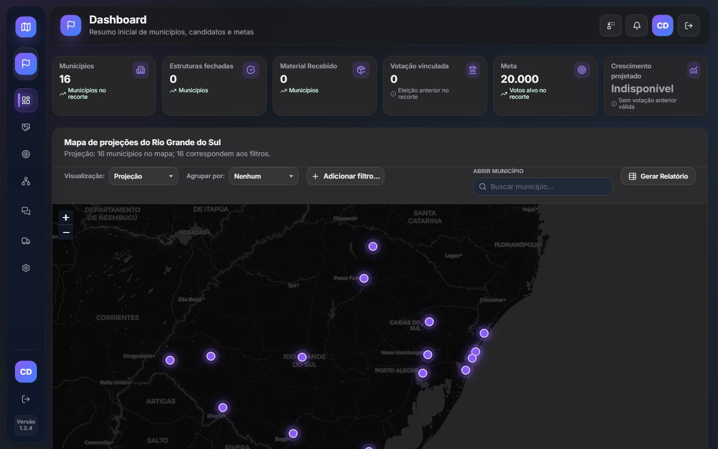 Dashboard real do Atlas Eleitoral com indicadores e mapa territorial usando dados demonstrativos